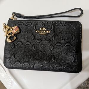 Coach Black Embossed Wristlet with Gold Accents